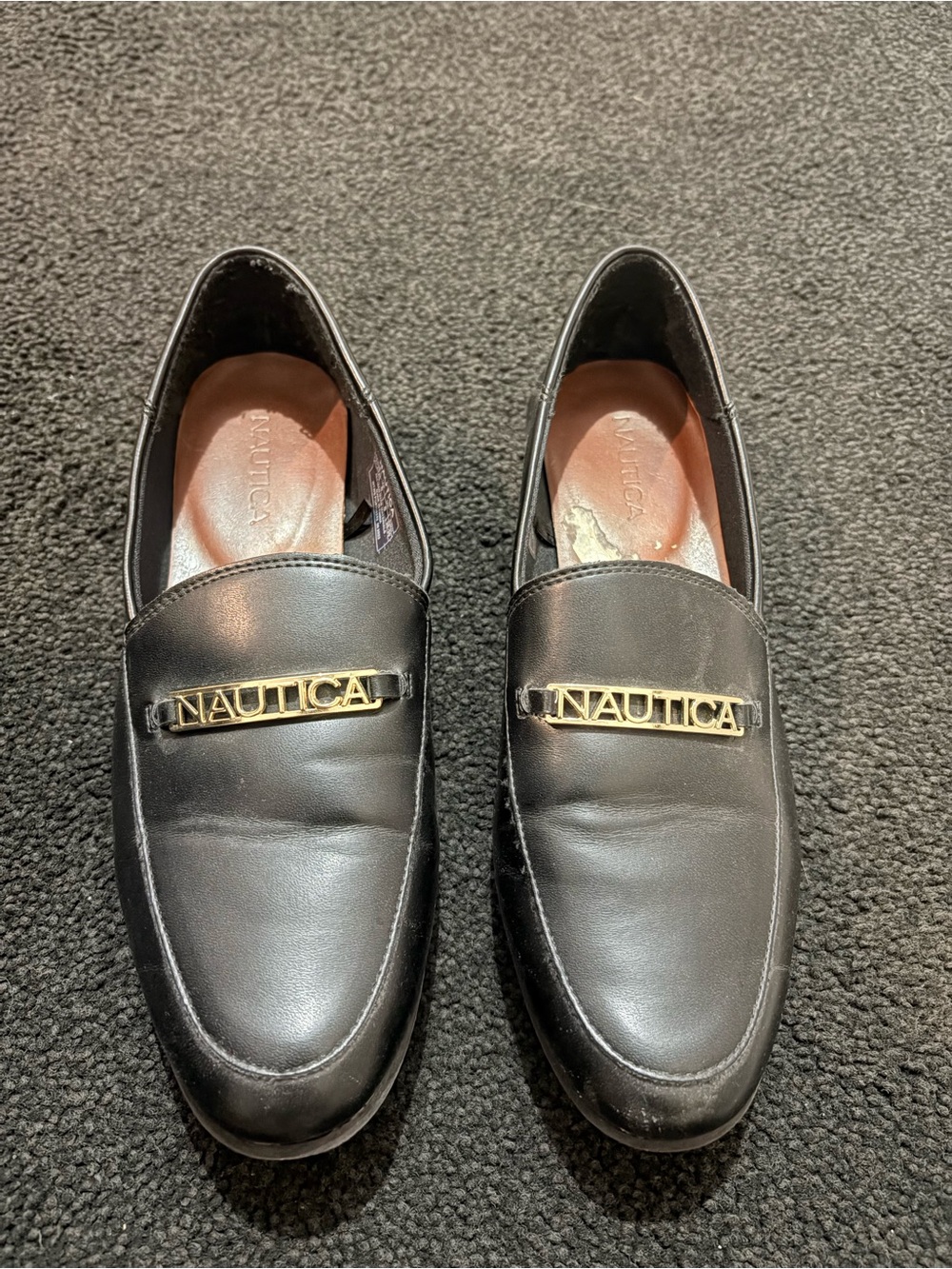 Nautica Black Leather Slip-On Loafers with Gold Logo Plaque